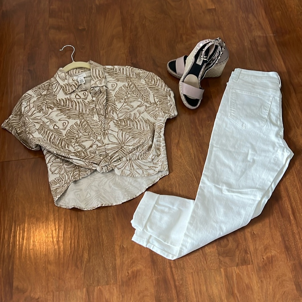 Japna Neutral Cream Linen Blend Shirt Palm Print Tropical